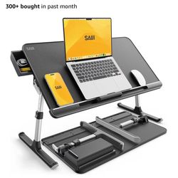 SAIJI Laptop Bed Tray Table - 23.6" x 13" Adjustable Portable Standing Desk with Storage Drawer, Foldable Lap Desk Fits 17" Laptop, PVC Leather 
