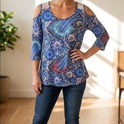 ​NWT Cold Shoulder Paisley Tunic Top XL Blue Boho Lace Yoke