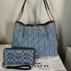 Coach Evelyn Shoulder Bag Regenerative Cotton Quilting CDC02 Indigo And Wallet 