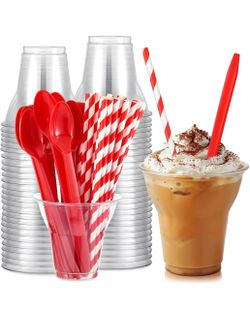 Clear Plastic Cups with Straws and Spoons Set