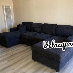 ✅️✅️4 pc  Black corduroy fabric sectional sofa with double chaise✅️✅️