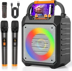 Karaoke Machine w/2 Wireless Microphones Bluetooth Karaoke Speaker & PA System BT/TF/USB/AUX/FM (New