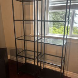 2 Black Metal Glass Freestanding Shelves 