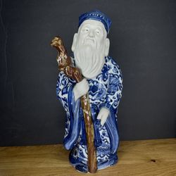 Japanese Kutani Jurojin Blue And White Porcelain Figure 14.5”