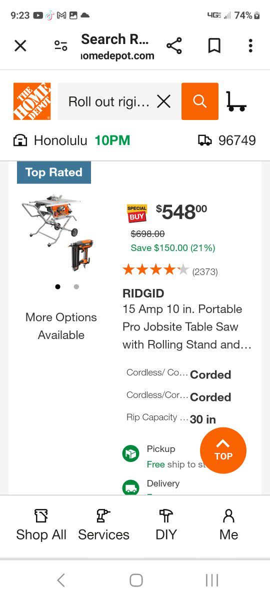 Rigid Roll Out Table Saw New