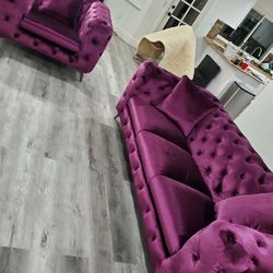 Vibrant Purple Fuchsia Velvet All Around Tufting 3 Piece Set Sofa Loveseat Chair Firm Price $2,900 Financing Available 