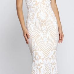 Quinn Sequin Scroll Puff Sleeve Long Dress 
