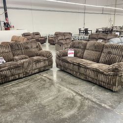 -Reclining Sofa & Love Seat- Thick Super Soft Brown Corduroy Fabric