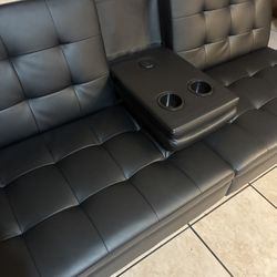 Black Faux Leather Futon ( With Chargers ) Full Size 