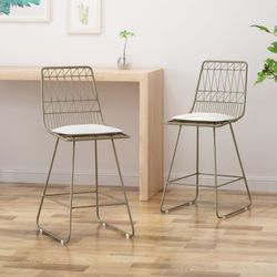Set of 2 - Outdoor Patio Light Brown Metal Framed Counter Stool / Chair w/ Ivory Fabric Seat [NEW IN BOX] **Retails for $240 
