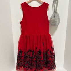 Beautees Red Party Dress with Black Floral Applique Size 10 plus Evening Handbag