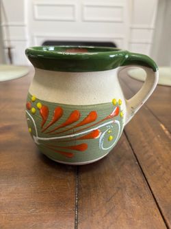 Mexican hand painted clay pottery mug holds 2 cups