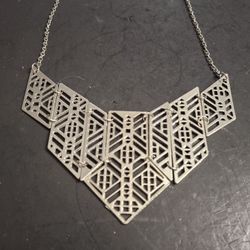 Aztec Design Silvertone Statement Necklace With Geometric Bib Design 16" Adjustable