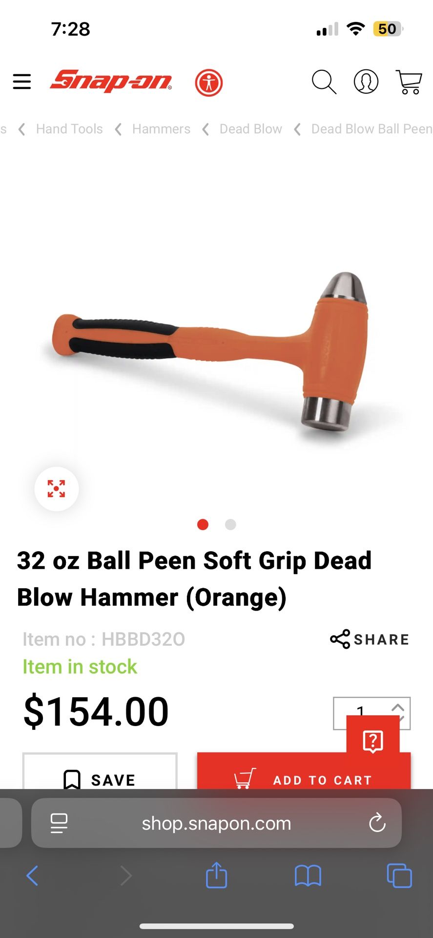 Snap-on Tools BALL PEEN HAMMER HBBD32 32oz ORANGE DEAD BLOW