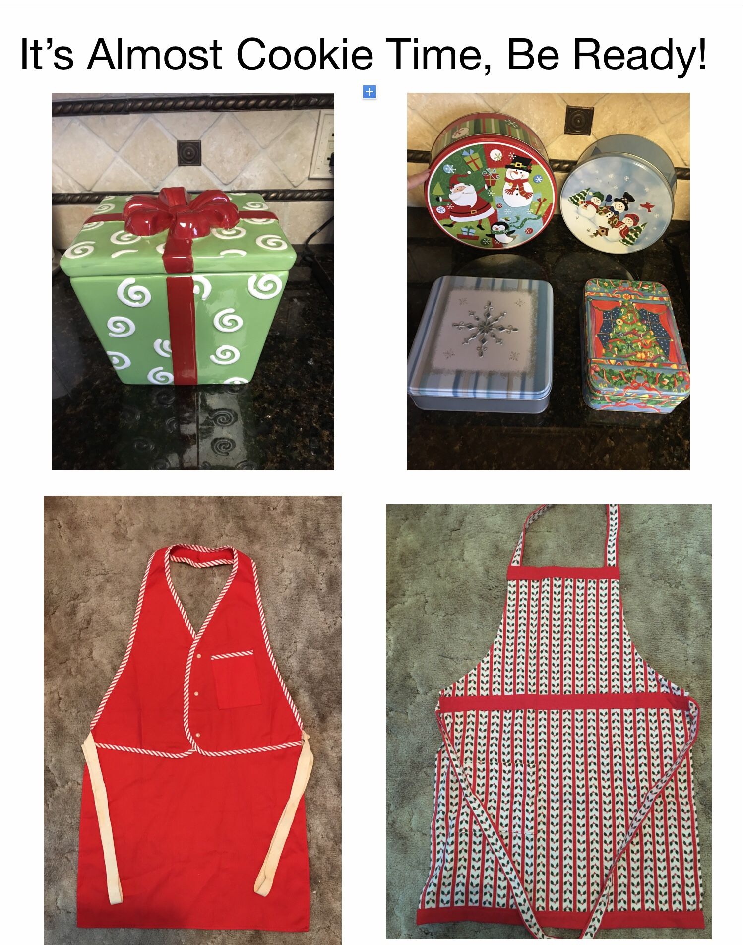 Christmas Cookie Jar $10, ,Red Apron $5, Red White Holly Apron $5 It’s Cookie Time