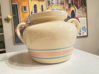 Vintage McCoy Ovenproof pot cookware with lid cream with pink & blue stripes