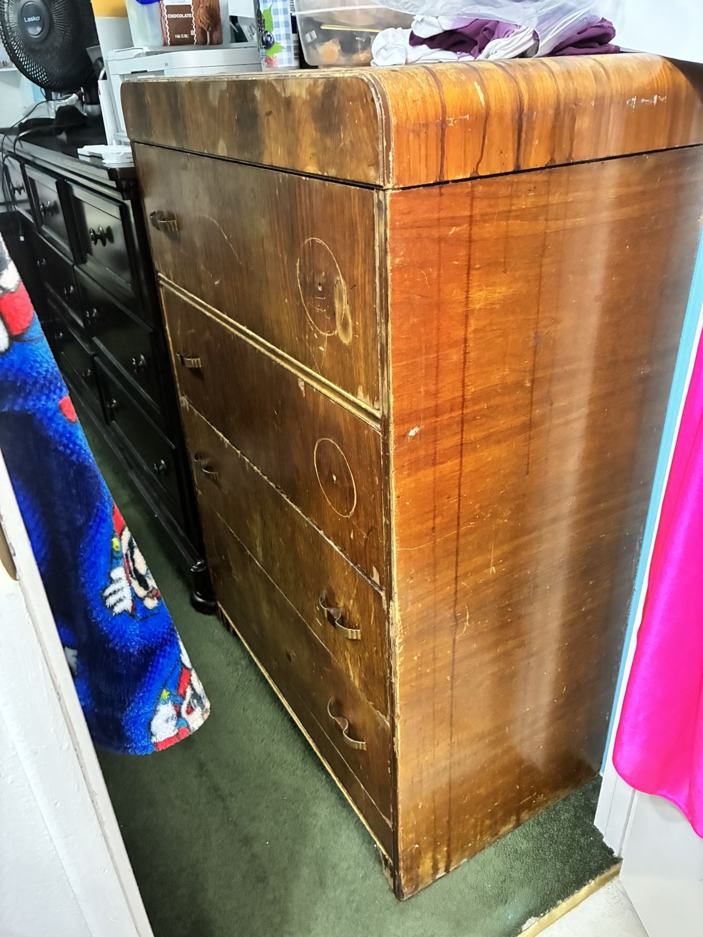$75-Older Tall not short wood project dresser- drawers all functional (just needs drawer knobs and a good paint job) functions appropriately not bea