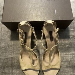 Louis Vuitton Crystal Embellishments T-Strap Beige Sandals With Box Size 37.5/7.5