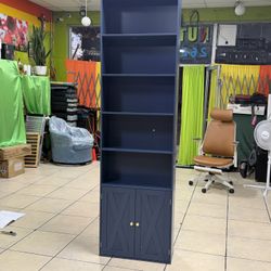 82.3" Tall Bookcase with Doors, 5-Tier Shelving Unit with Storage, 23.6" Wide Display Shelf with 2 Doors for Home Office, Living Room, Blue 