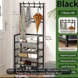 Travel Accessories 60 Inch White Metal Shoe and Boot Rack with 8 Hooks, 4/5 Tiers - Durable Iron Hat