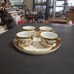 Dragon & Phoenix Porcelain Tray & 4 Cups, Hand-painted 22K Gold Gilt Vintage Mid-century Jingdezhen China-Dragon & Phoenix Symbols Harmony & Balance