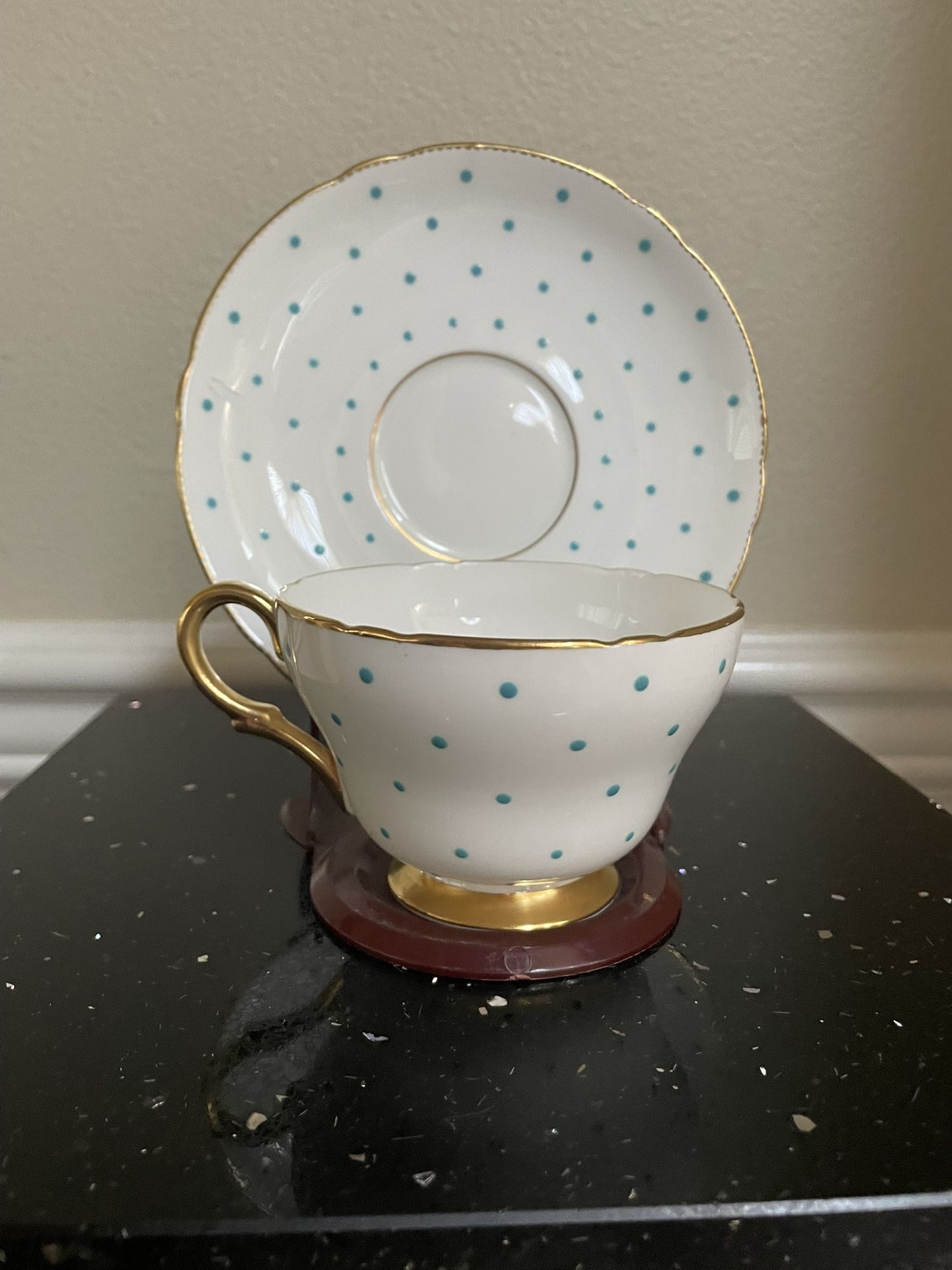 Vintage Shelley Bone China Turquoise Polka Dot Tea Cup & Saucer