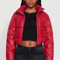 Trendy Cropped Faux Leather Puffer Zipper Jacket Red
