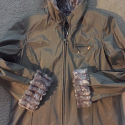 Brand New Raincoat /Jacket With Fake Fur Cuffs, Inner Hood And Collar 