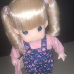 Vintage Precious Moments Blonde Pony Tails Blue Overalls 12 in.  Cindy Doll 