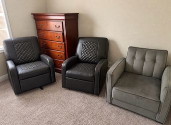 Matching brown chairs, blue chair and dresser
