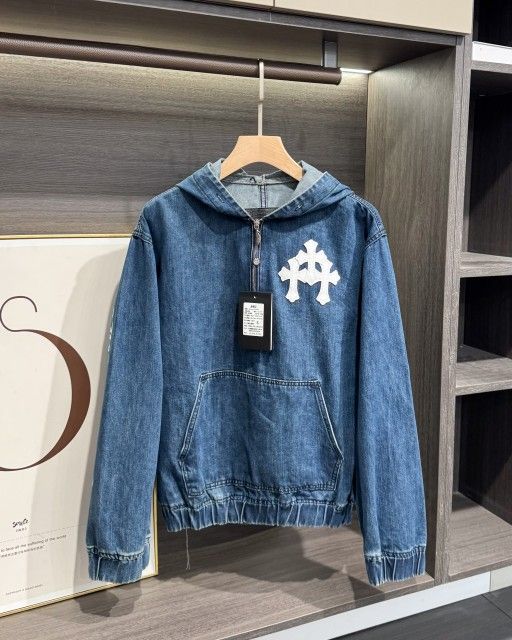 Chrome Hearts 25ss Cross Leather Sanskrit Letters Unisex Denim Hooded Jacket