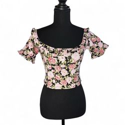 Motel Rocks Floral Off-The-Shoulder Crop Top Pink Roses Women’s Size Small NEW