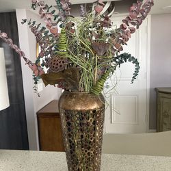 Metal Vase With Dried Flower Arrangement 