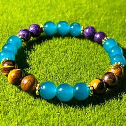 Blessing Gemstone Bracelet – Stretch Beaded Bracelet Featuring Tiger Eye, Amethyst, and Turquoise Stones, 