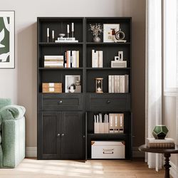Book Shelf & Bookcase with Doors and Drawer, 6-Tier Tall Bookshelf, Floor Standing Display Storage Shelves for Home Office, Living Room, Black