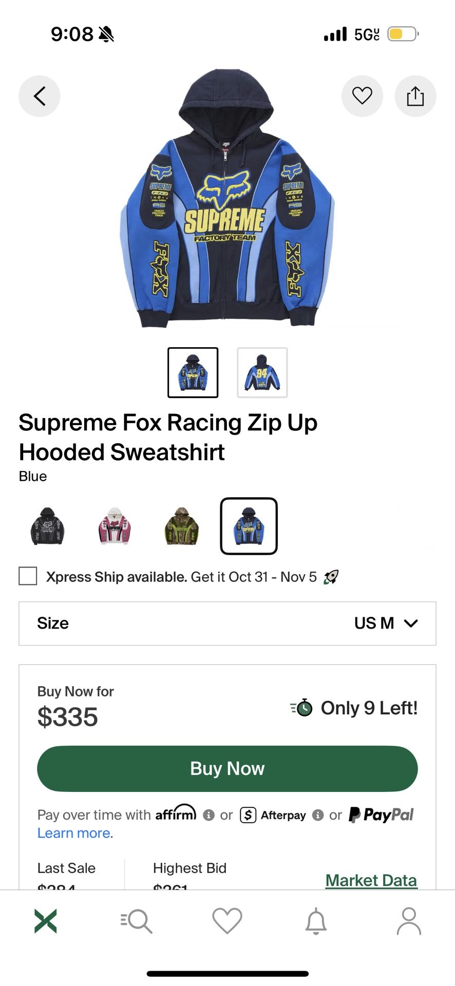 Medium Supreme Fox Racing Zip Up Hooded Sweatshirt