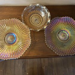 Antique Set Of 3 Pieces/2 Plates & 1 Small Bowl/Carnival Glass/1920’s