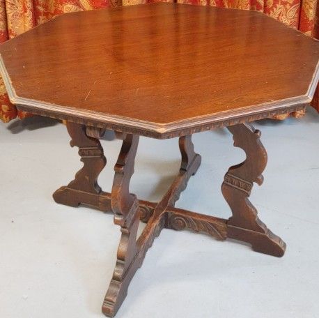 Antique Octagon Wood Table Carved Walnut Jacobean Renaissance Card Game Parlor library Victorian Old 012