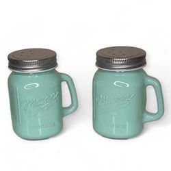 Vintage Retro Mason Jar Teal Blue Green Salt And Pepper Shaker Set 