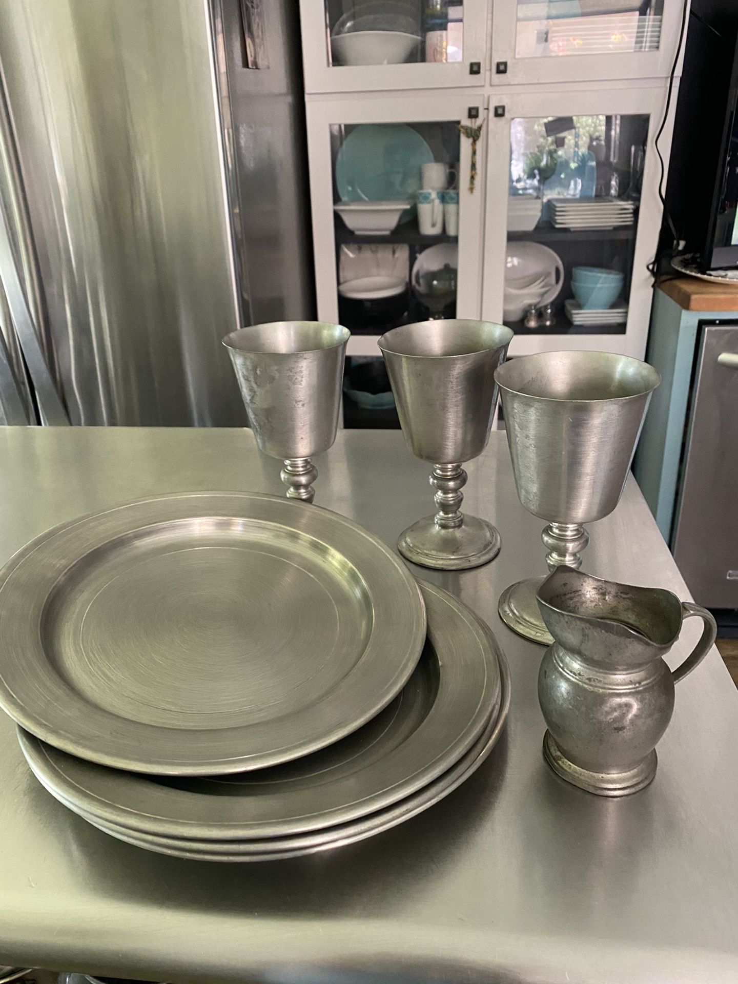 Vintage Pewter 4 Plates, 3 Goblets,1 Creamer