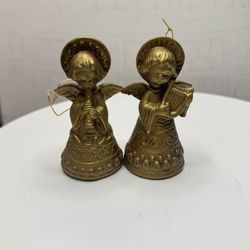 1970s Pair GOLD Napcoware Christmas Angel Ornaments Playing Instruments, Napco