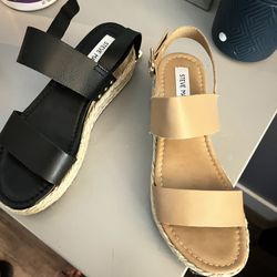 One Pair Of Beige Steve Madden Platform Sandals And One Black Pair