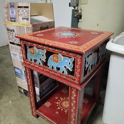 Red Wooden Side Table With Indian Print 