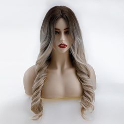 18 Inches Long Curly Synthetic Wig with Bangs, Wavy Hair Wigs for Women Heat Resistant Synthetic Wig Natural Looking for Black Women Hair Replacement 