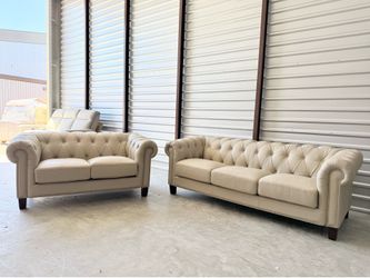 Baldwin Leather Sofa Collection, Sofa and Loveseat, Cream