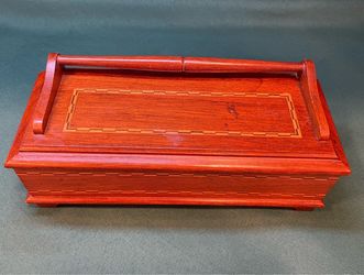 Vintage solid wood hand crafted keepsake box with handle and inlaid wood