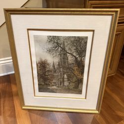 John Taylor Arms Hand Colored Etching Cathedral Signed Vintage Framed Art 23x27