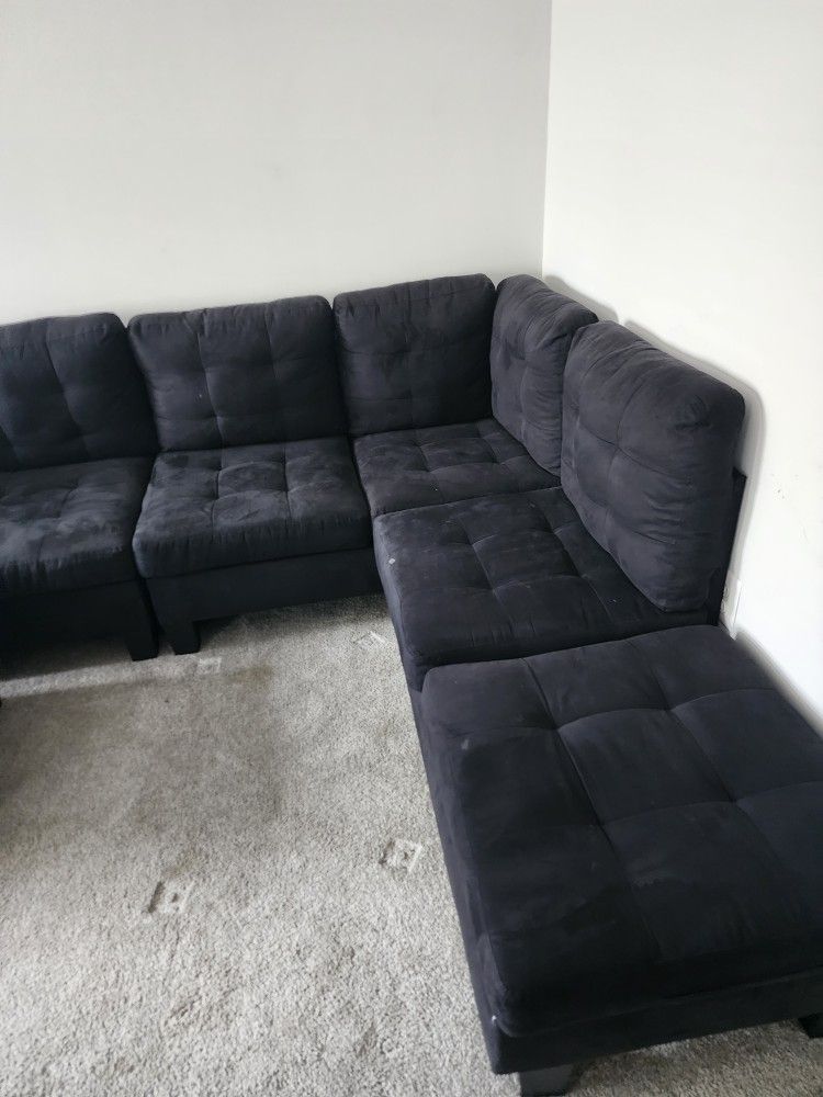 Black Suede Sectional Couch With Ottoman
