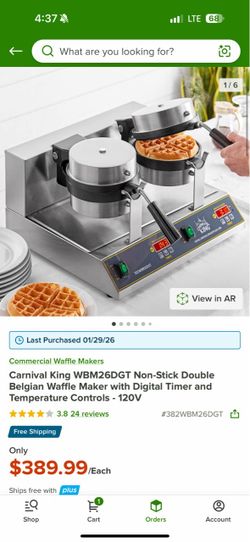 Commercial Waffle Makers Carnival King WBM26DGT Non-Stick Double Belgian Waffle Maker with Digital Timer and Temperature Controls - 120V