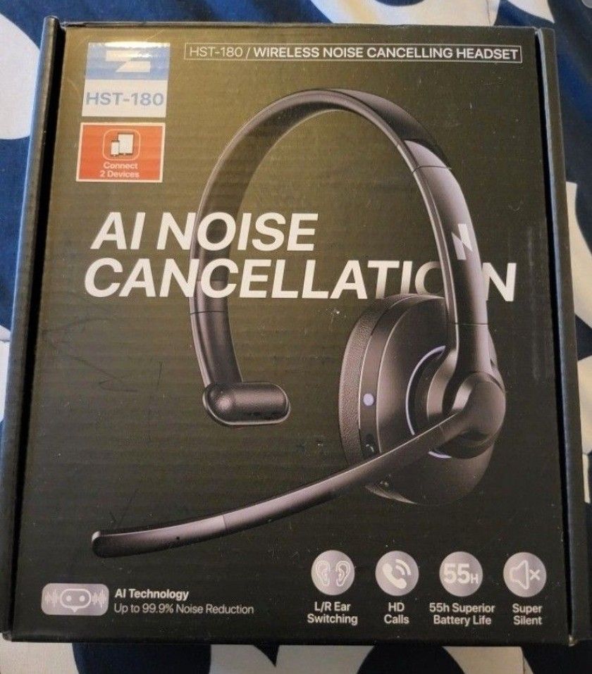 Bluetooth Headset, Wireless Headset with Noise Canceling Microphone & Mic Mute, 55Hrs Working Time Trucker Headset Bluetooth V5.3 Single-Ear Headphone